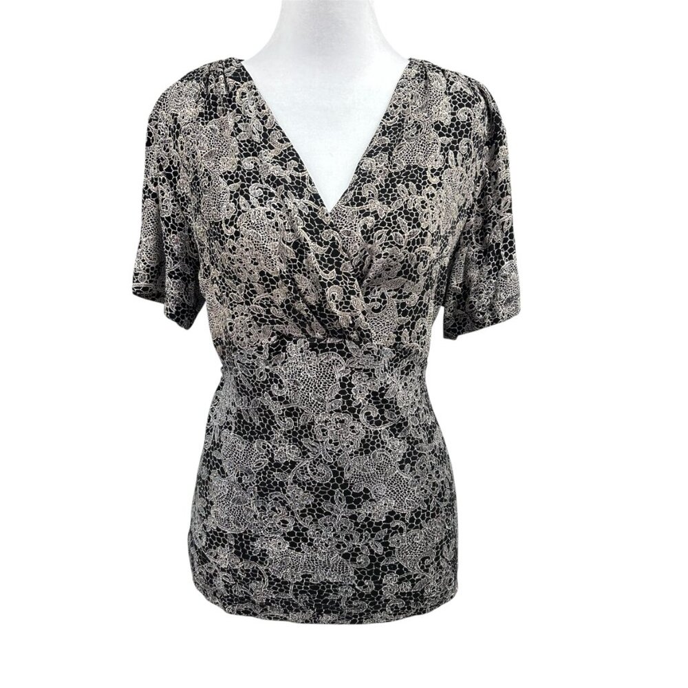 Half Moon Bay Floral Lace Print  Babydoll Y2K Whimsigoth Blouse Sz L Black